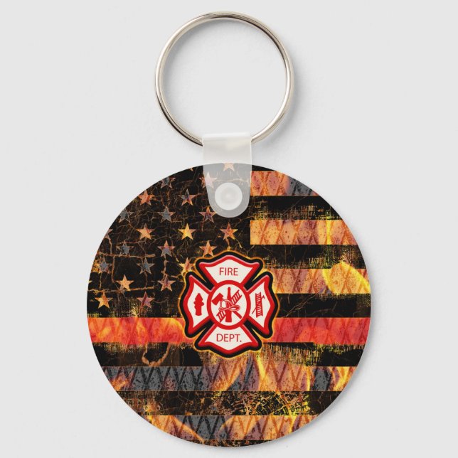 Firefighter Cross and Flames Keychain (Front)