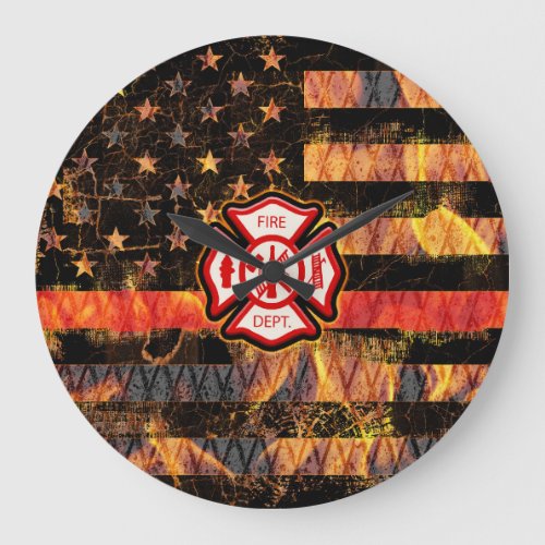 Firefighter Cross and Flames Large Clock