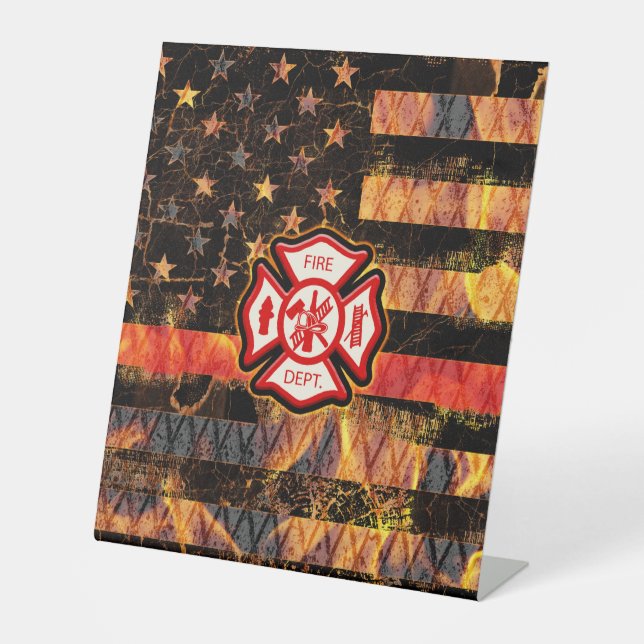 Firefighter Cross and Flames Pedestal Sign (Front)