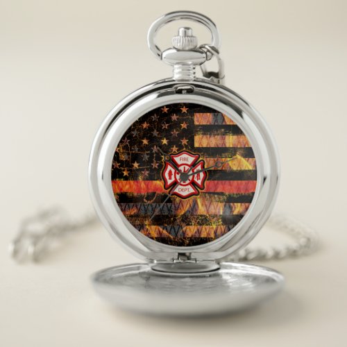 Firefighter Cross and Flames Pocket Watch