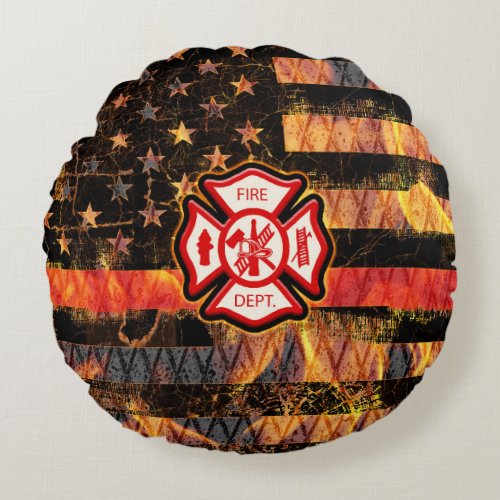 Firefighter Cross and Flames Round Pillow