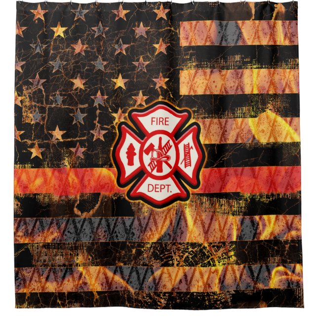 Firefighter Cross and Flames Shower Curtain (Front)