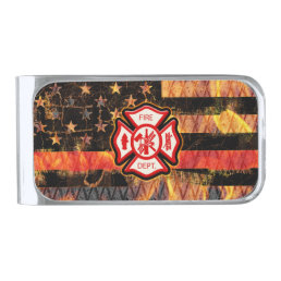 Firefighter Cross and Flames Silver Finish Money Clip