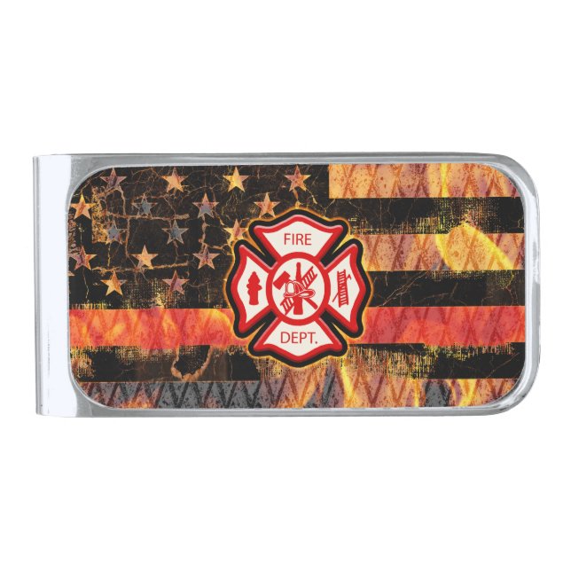 Firefighter Cross and Flames Silver Finish Money Clip (Front)