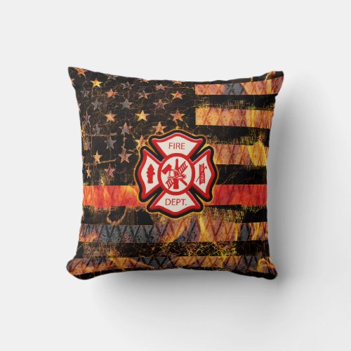 Firefighter Cross and Flames Throw Pillow
