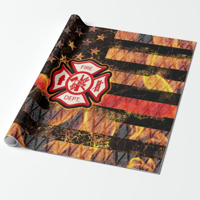 Firefighter Cross and Flames Wrapping Paper (Unrolled)