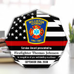 Firefighter Custom Department Logo Red Line Acryli Acrylic Award<br><div class="desc">Celebrate and show your appreciation to an outstanding Firefighter with this Thin Red Line Award - American flag design in Firefighter Flag colors , modern black red design with custom fire department logo. Personalize this firefighter award with fireman name, text with fire servicedepartment name, logo and community, and date of...</div>