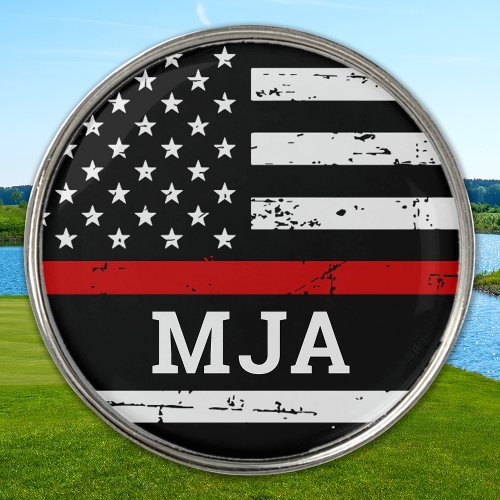 Firefighter Custom Monogram US Flag Thin Red Line Golf Ball Marker