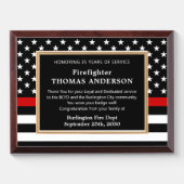 Firefighter Custom Retirement Thin Red Line Flag Award Plaque | Zazzle