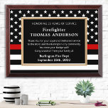 Firefighter Custom Retirement Thin Red Line Flag Award Plaque<br><div class="desc">Celebrate and show your appreciation to an outstanding Firefighter with this Thin Red Line Award - American flag design in Firefighter Flag colors , distressed design. Personalize this firefighter retirement award with fireman name, text with fire department , fire station, name and community, and date of retirement. This thin red...</div>