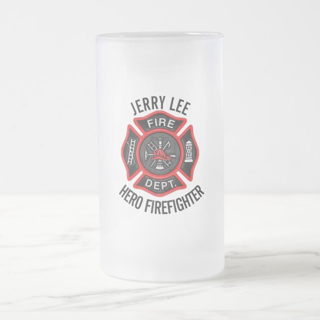 Firefighter Custom Text Name Personalized Frosted Glass Beer Mug (Center)