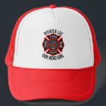 Firefighter Custom Text Name Personalized Trucker Hat<br><div class="desc">For your hero firefighter colleagues, dad, boyfriend, husband... ..as a wedding gift, birthday gift, father's-day gift, retirement gift... .and more. Personalize it with recipient's name and any text on the bottom or click the "Customize It" button to go to the design tool where you can resize image, add text, change...</div>