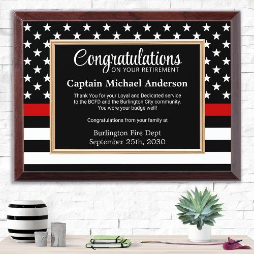 Firefighter Custom Thin Red Line Flag Retirement  Award Plaque