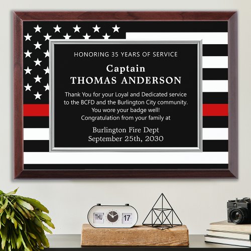 Firefighter Custom Thin Red Line Retirement  Award Plaque