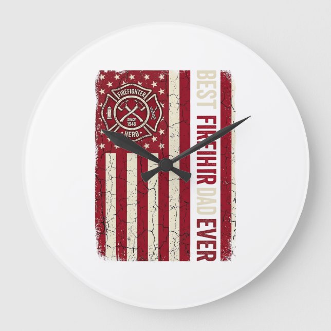 Firefighter Dad Vertical Flag Vintage Large Clock (Front)