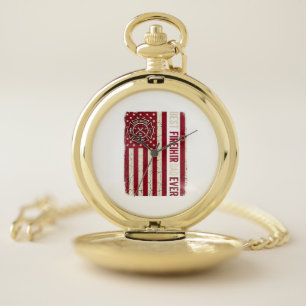 Firefighter Dad Vertical Flag Vintage Pocket Watch