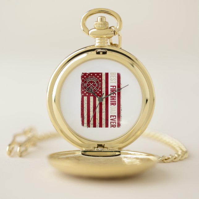 Firefighter Dad Vertical Flag Vintage Pocket Watch (Inside)