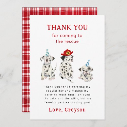 Firefighter Dalmatians Boy Birthday Party   Thank You Card