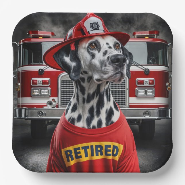 Firefighter Dalmation Wearing a Retired Shirt Paper Plates (Front)