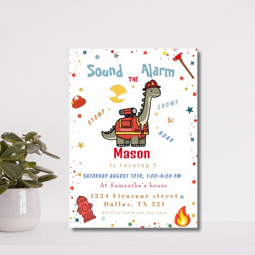 Firefighter dinosaur birthday  invitation