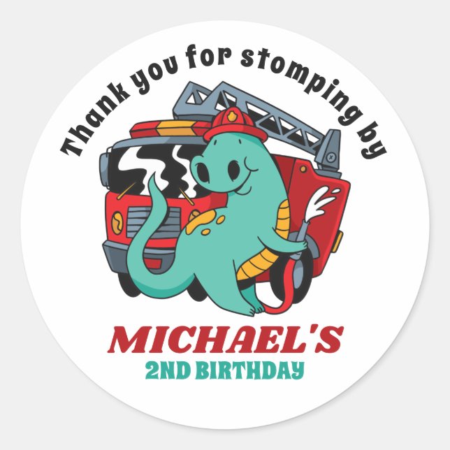 Firefighter Dinosaur Cartoon Kids Birthday Party Classic Round Sticker (Front)