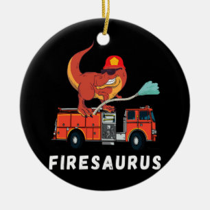 Firefighter Dinosaur Funny Fireman Truck T Rex Ceramic Ornament