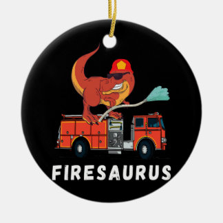 Firefighter Dinosaur Funny Fireman Truck T Rex Ceramic Ornament
