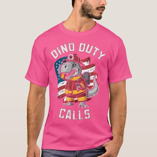 Firefighter Dinosaur T Rex Battling Flames T-Shirt (Front)