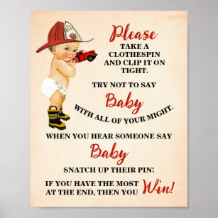 Firefighter Don't say Baby Clothespin Shower Game Poster