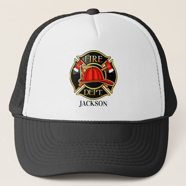 Firefighter Emblem Red and Black  Trucker Hat (Front)
