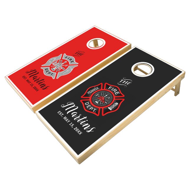 Firefighter Family Name Established Date Custom Cornhole Set (Angled)
