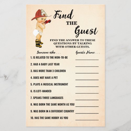 Firefighter Find the Guest Baby Shower Game Card Flyer