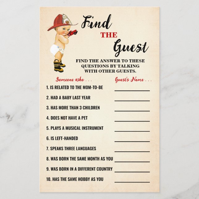 Firefighter Find the Guest Baby Shower Game Card Flyer (Front)