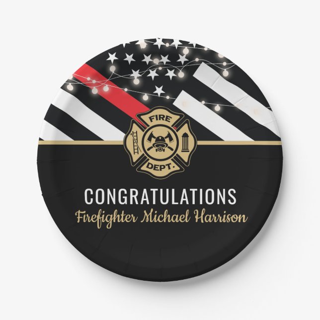 Firefighter Fire Academy Graduation Red Line Flag Paper Plates (Front)