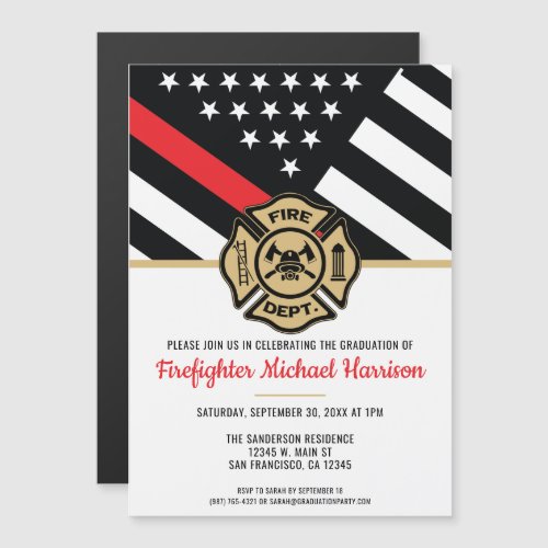 Firefighter Fire Academy Red Line Flag Graduation Magnetic Invitation