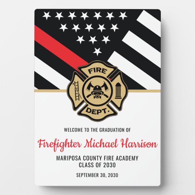 Firefighter Fire Academy Red Line Flag Graduation Plaque (Front)