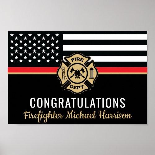 Firefighter Fire Academy Red Line Flag Graduation Poster