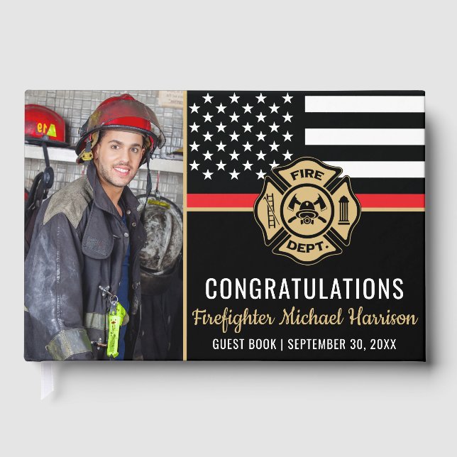 Firefighter Fire Academy Red Line Graduation Photo Guest Book (Front)