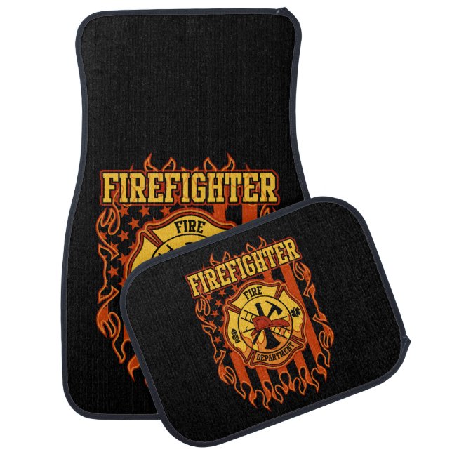 Firefighter Fire Department Badge and Flag Car Mat (Set)