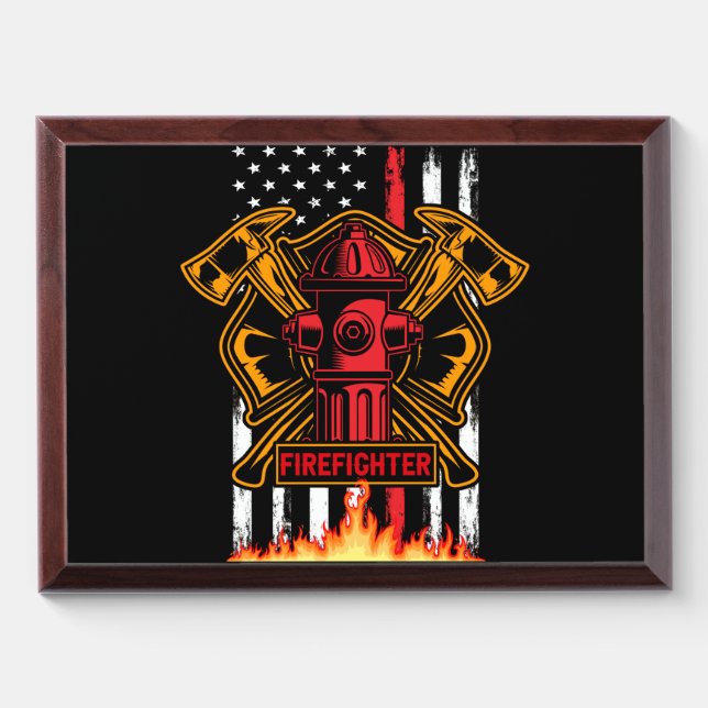 Firefighter Fire Department Fire Badge and Flag Award Plaque (Horizontal)