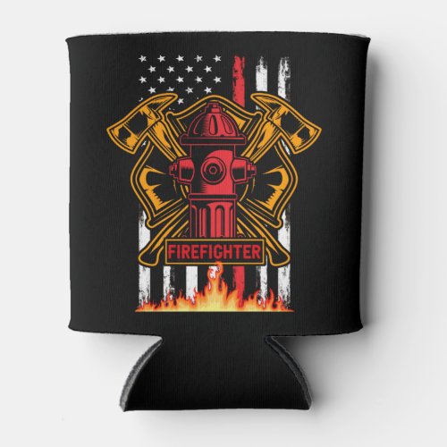 Firefighter Fire Department Fire Badge and Flag Can Cooler