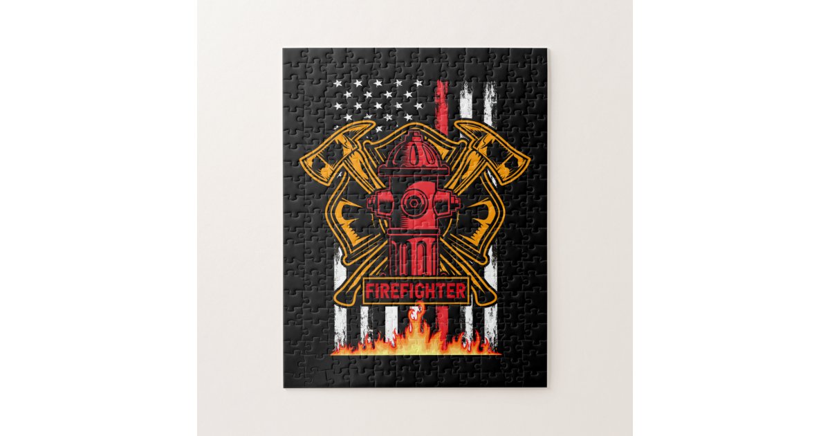 Firefighter Fire Department Fire Badge and Flag Jigsaw Puzzle | Zazzle
