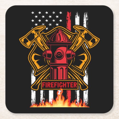 Firefighter Fire Department Fire Badge and Flag Square Paper Coaster