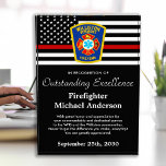 Firefighter Fire Department Logo Recognition  Acrylic Award<br><div class="desc">Celebrate and show your appreciation to an outstanding Firefighter with this Thin Red Line Award - American flag design in Firefighter Flag colors , modern black red design with custom fire department logo. Personalize this firefighter award with fireman name, text with fire department name, logo and community, and date of...</div>