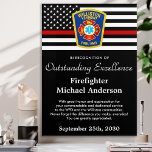 Firefighter Fire Department Logo Recognition Award Acrylic Print<br><div class="desc">Celebrate and show your appreciation to an outstanding Firefighter with this Thin Red Line Award - American flag design in Firefighter Flag colors , modern black red design with custom fire department logo. Personalize this firefighter award with fireman name, text with fire department name, logo and community, and date of...</div>