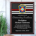 Firefighter Fire Department Logo Recognition Award Plaque<br><div class="desc">Celebrate and show your appreciation to an outstanding Firefighter with this Thin Red Line Award - American flag design in Firefighter Flag colors , modern black red design with custom fire department logo. Personalize this firefighter award with fireman name, text with fire department name, logo and community, and date of...</div>