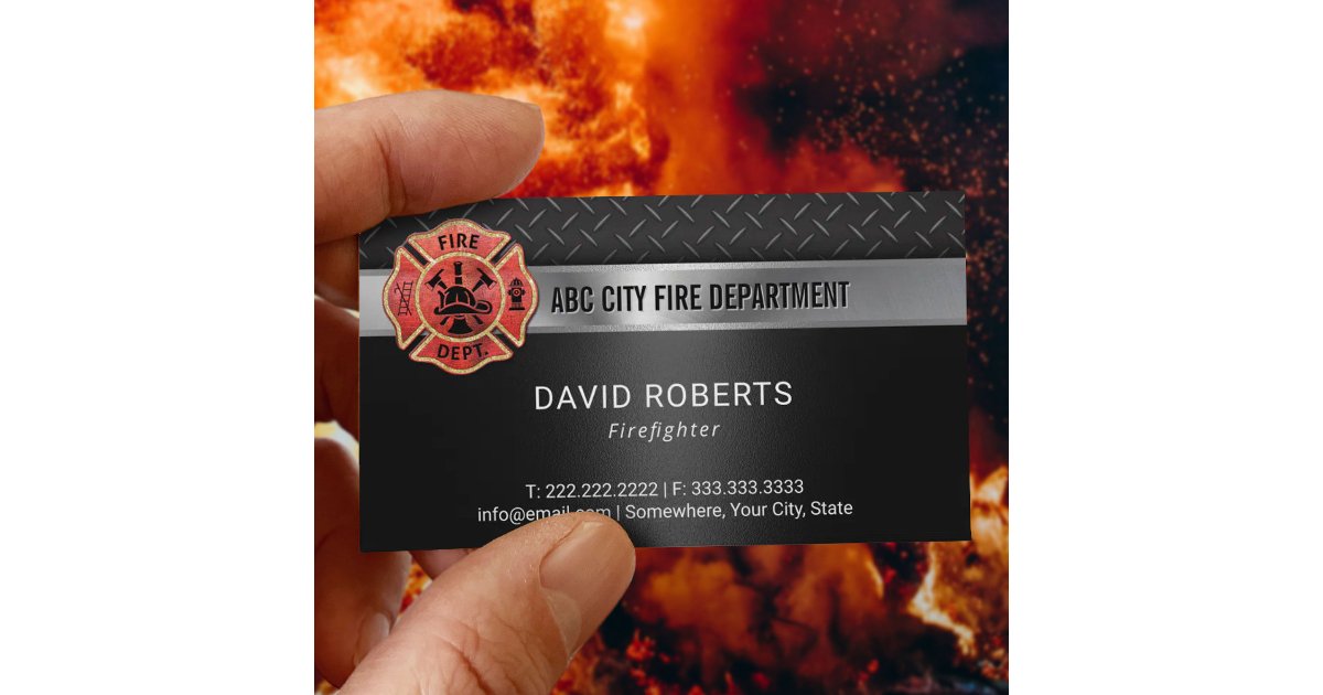 Firefighter Fire Department Modern Dark Metal Business Card | Zazzle