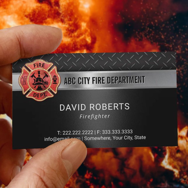 Firefighter Fire Department Modern Dark Metal Business Card (Creator Uploaded)