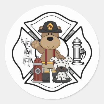 Firefighter Fire Dept Bear Classic Round Sticker by bonfirefirefighters at Zazzle