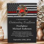 Firefighter Fire Dept Custom Logo Thin Red Line Acrylic Award<br><div class="desc">Celebrate and show your appreciation to an outstanding Firefighter with this Thin Red Line Award - American flag design in Firefighter Flag colors , modern black red design with custom fire department logo. Personalize this firefighter award with fireman name, text with fire department name, logo and community, and date of...</div>